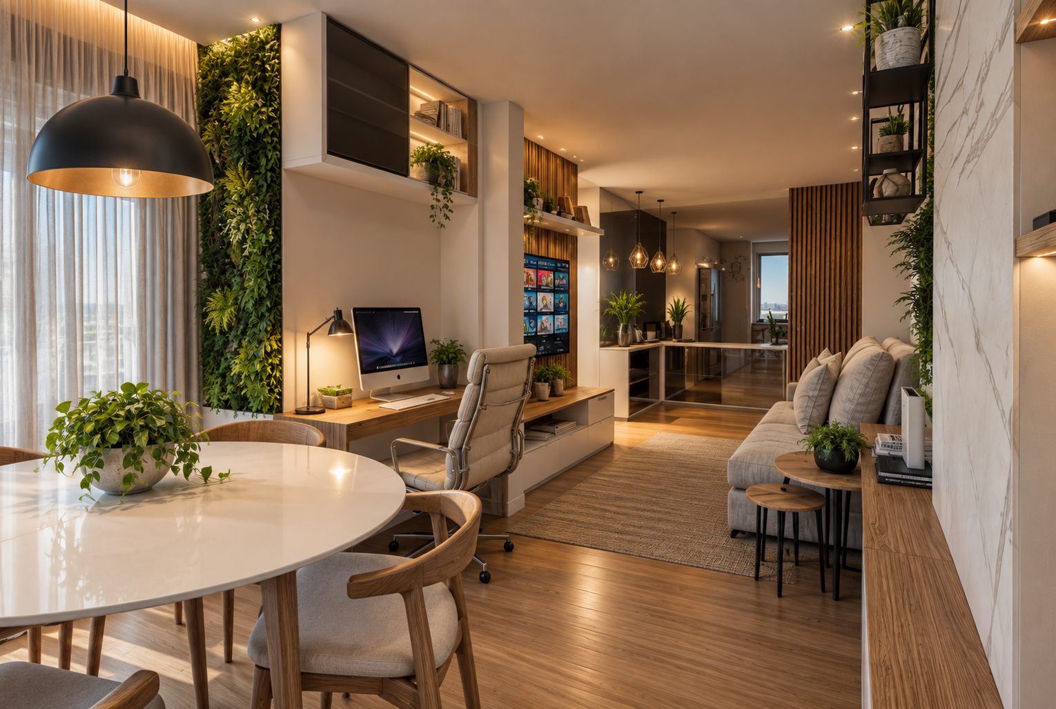 Jantar e home office com jardim vertical e pendente em destaque