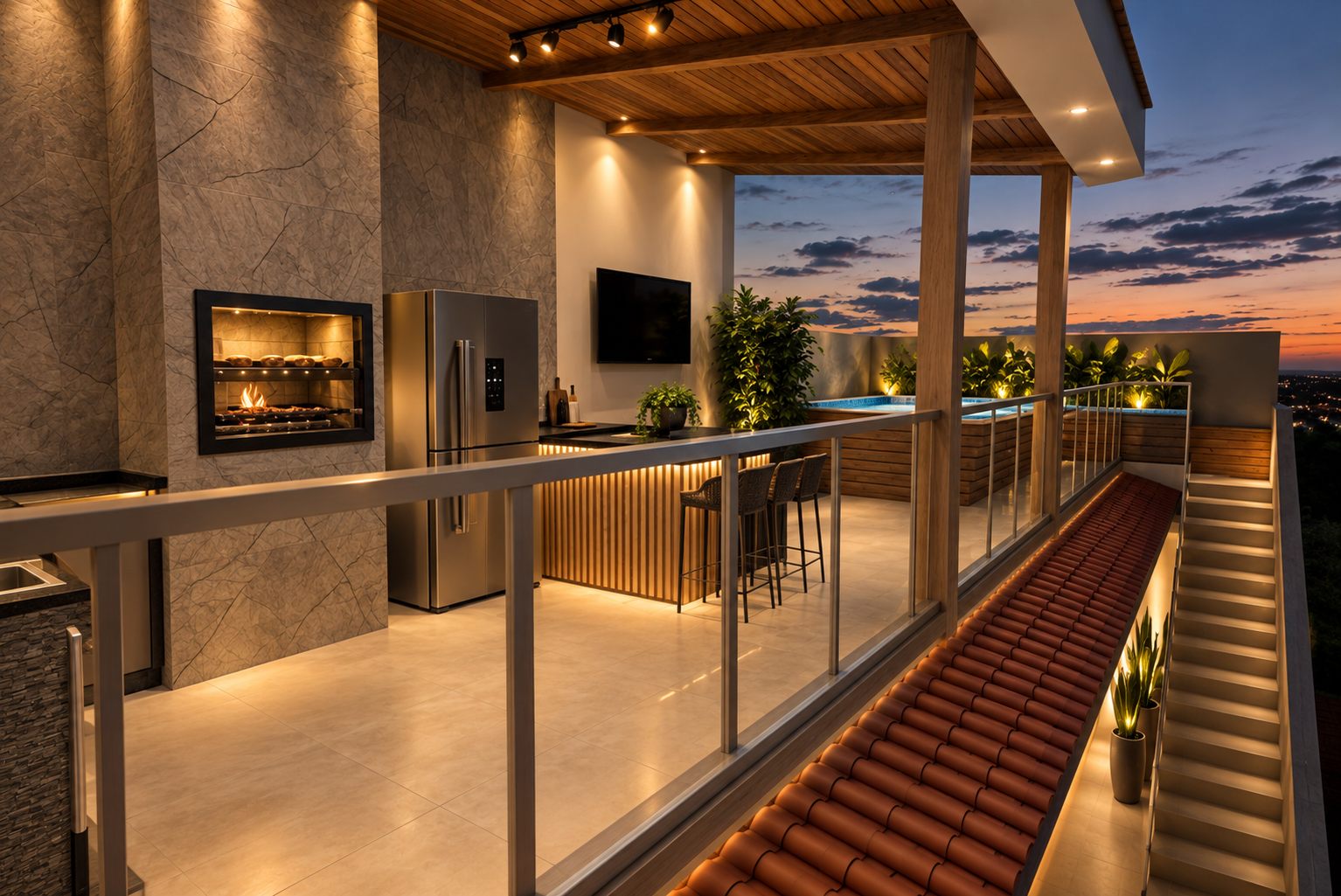 Terraço gourmet com churrasqueira e vista ao entardecer
