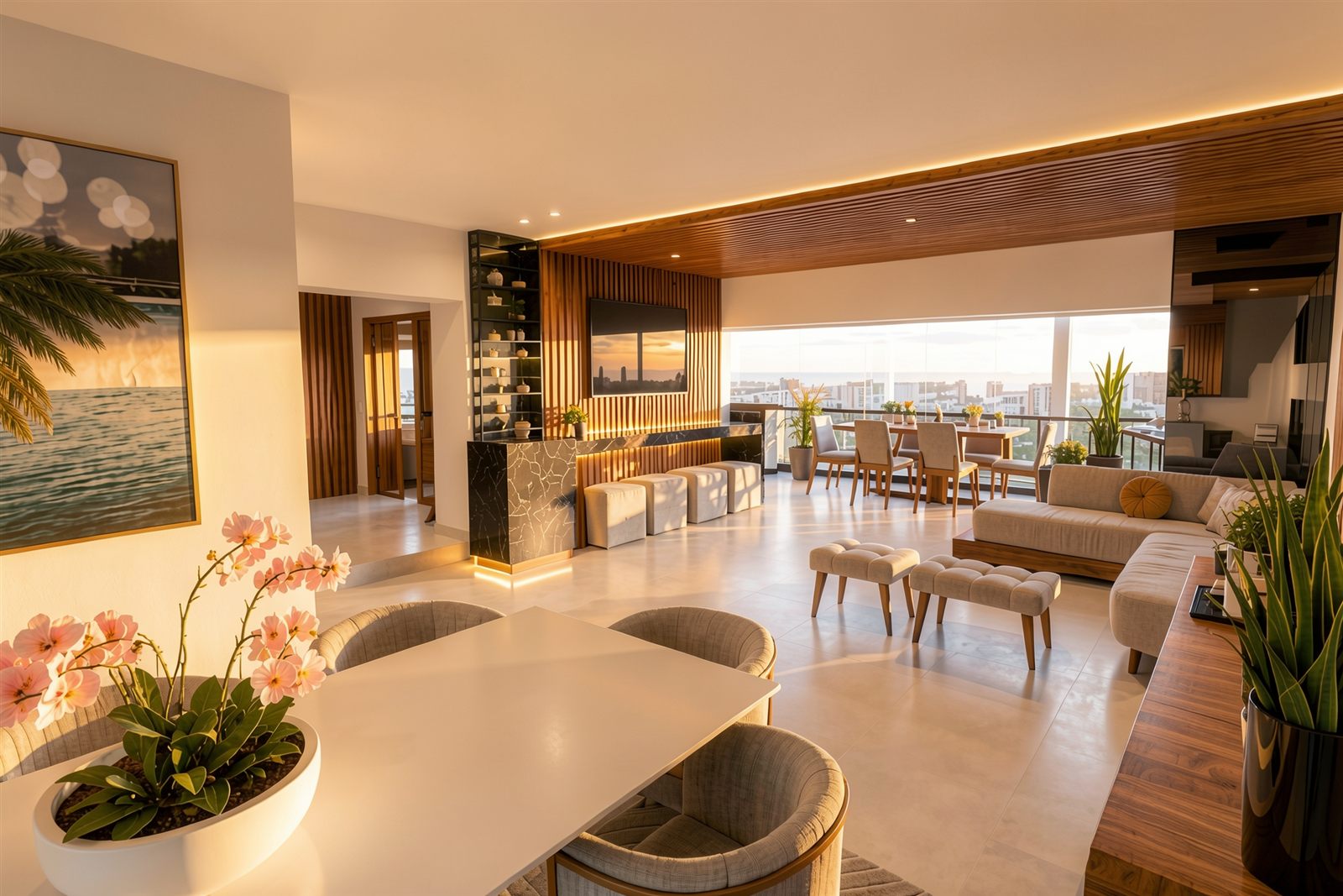 Sala integrada com estar, jantar e varanda envidraçada ao pôr do sol