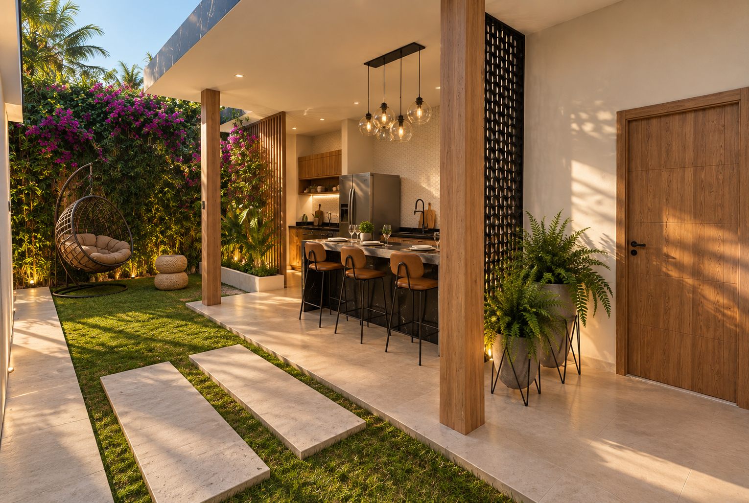Área gourmet externa com jardim, pergolado e bancada