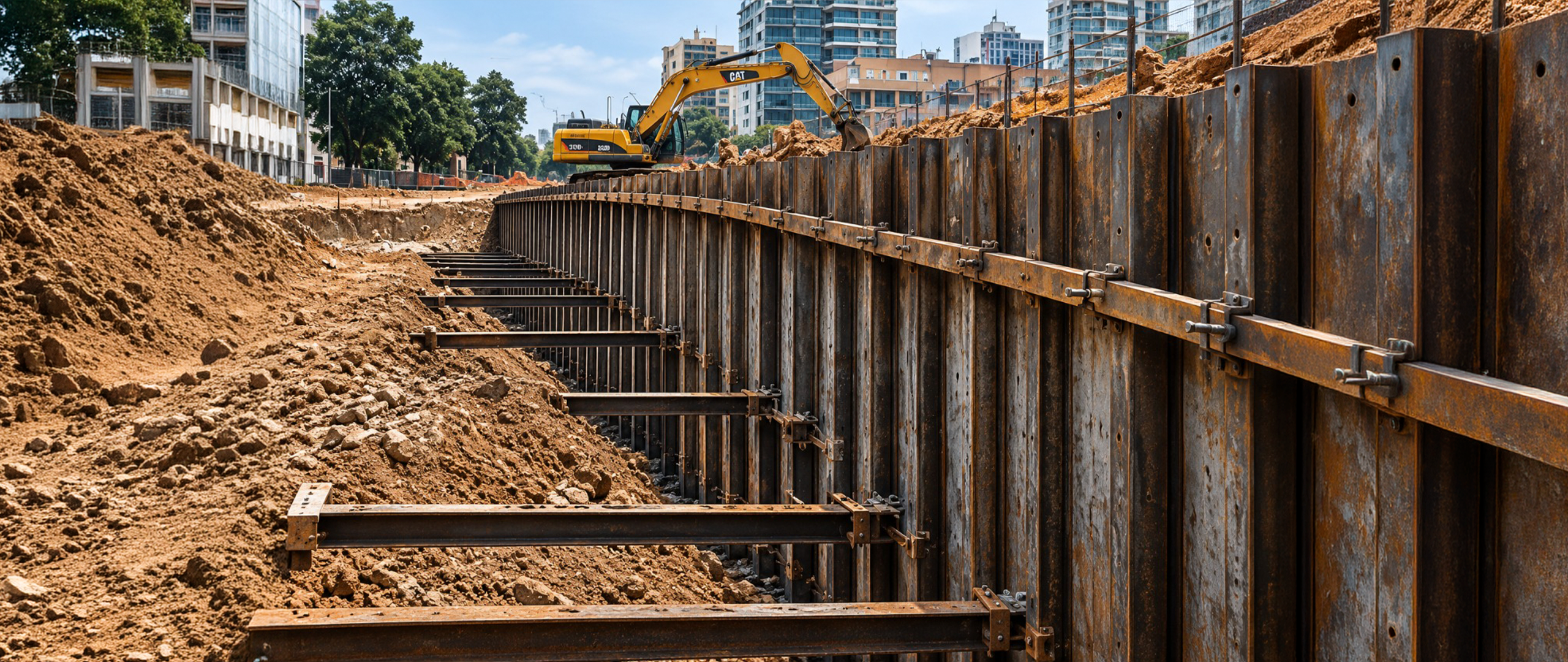 Cortina de estacas metálicas de contenção em obra de fundação