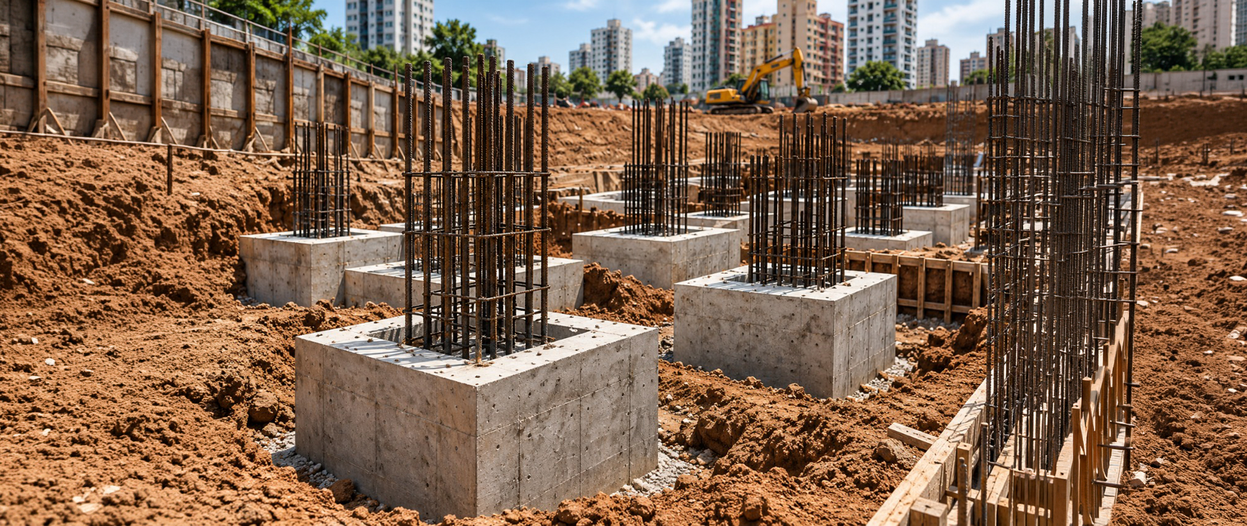 Blocos de fundação em concreto armado com armaduras de aço expostas